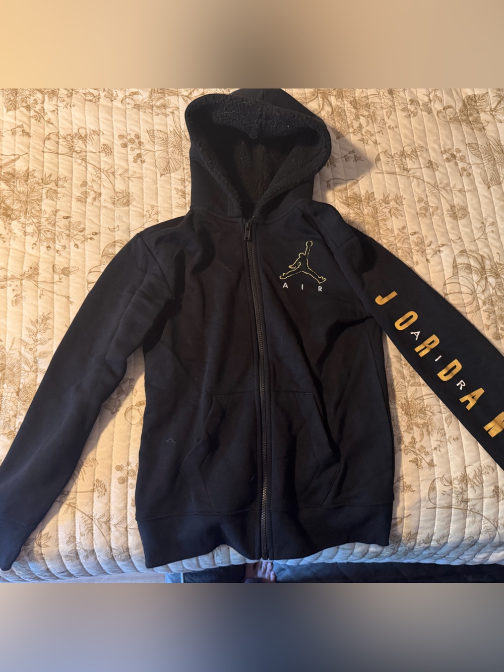 Jordan Black Hooded Zip Jacket with Gold Logo and Sleeve Lettering
